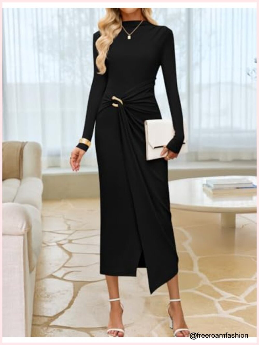 Long Sleeve Mock Neck Bodycon Midi Dress for Wedding Guest Cocktail Party - Picture 5 of 6